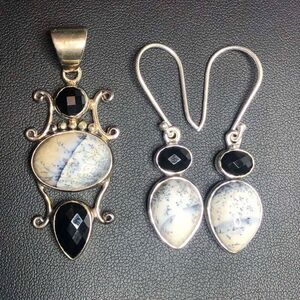 2604 Arya Sterling Silver 925 Dendritic Agate & Onyx Pendant & earring set 17.9g